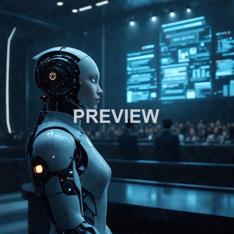 A humanoid robot with a sleek, futuristic design is standing in a high-tech control room with large digital screens displaying data in the background.